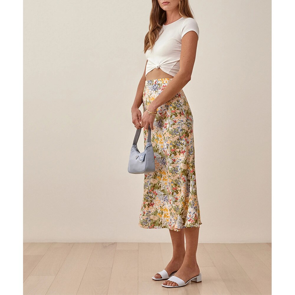 Röcke Damen Hohe Taille Vintage Blumendruck Sommerrock Rückenreißverschluss Eleganter Chiffon Midi Langer Rock Damen Kleidung