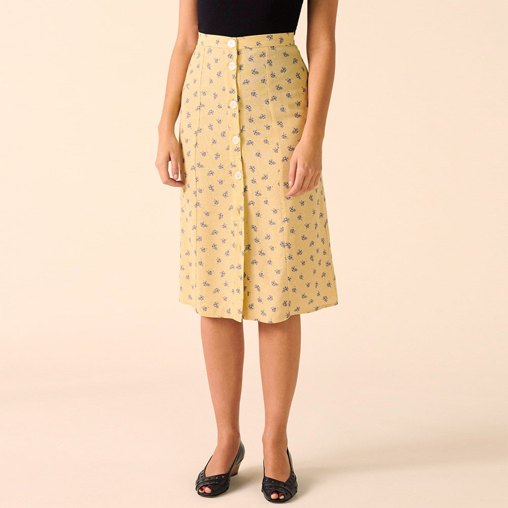 Röcke Damen Sommer Blumendruck Chiffon Midirock Hohe Taille Hinten Binden Knopfleiste Vintage Eleganter Bleistiftrock Kleidung