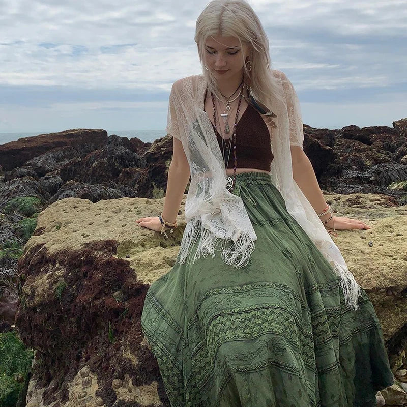 y2k Bedruckte grüne Midiröcke Retro Kawaii Schnürung Lange Plisseeröcke Grunge Fairycore Boho Strandurlaub Rock Chic Damen