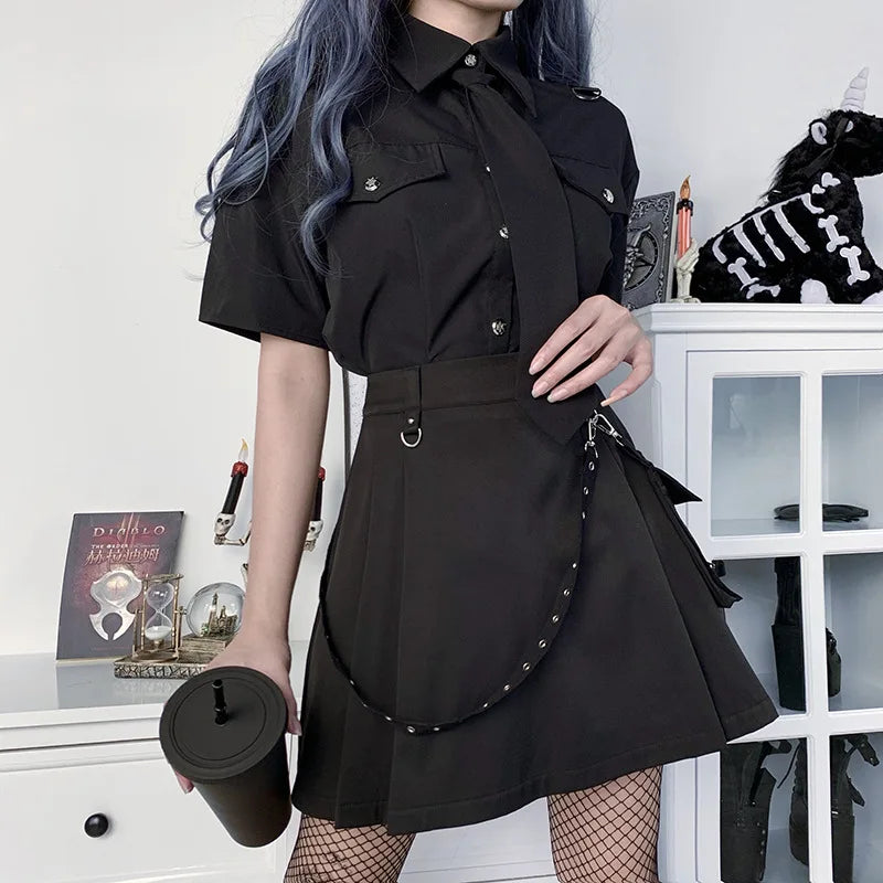 Harajuku Punk Gothic Schwarz Hohe Taille Schwarze Röcke Frauen Sexy Patchwork Bandage Mini Rock Weibliche Streetwear Sommer Chie
