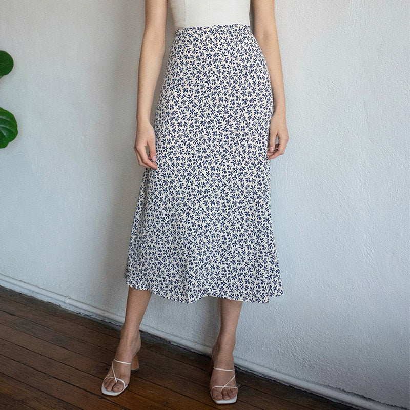 Lange Röcke für Frauen Vintage Blumendruck Rock Elegante Bürodame Hohe Taille Röcke Damen Sommer Chiffon Midirock