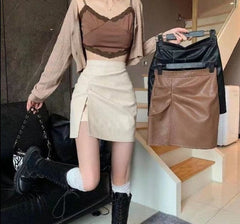 Back to college Mini Skirt Women Irregular PU Sexy Slim Party Feminino Cozy Ins Design Korean Style Side-Slit Simple Solid All-Match Leisure New