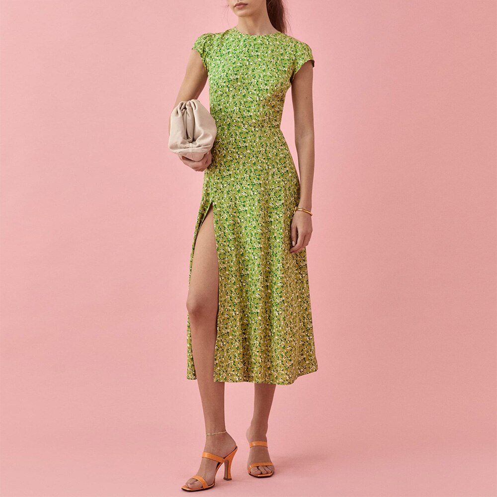 Summer Dresses For Women Side Slit Backless Sexy Dress Round Neck Cap Sleeve Vintage Print Midi Floral Dress
