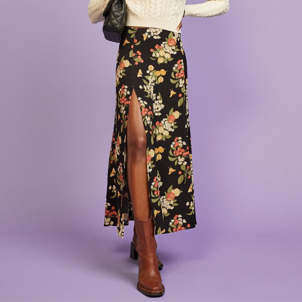 Sommer Lange Röcke Frauen Neue Elegante Vintage Gedruckt Midi Rock Frauen Sexy Party Seite Hoher Schlitz Hohe Taille A Linie rock