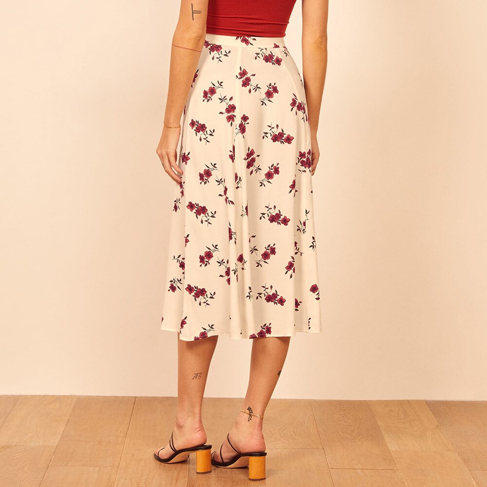Damen Röcke Mode Neue Damen Vintage Blumendruck Rock Hohe Taille Röcke Damen Vordere Knöpfe Damen Eleganter Midirock