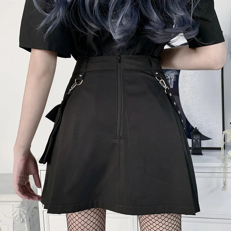 Harajuku Punk Gothic Schwarz Hohe Taille Schwarze Röcke Frauen Sexy Patchwork Bandage Mini Rock Weibliche Streetwear Sommer Chie