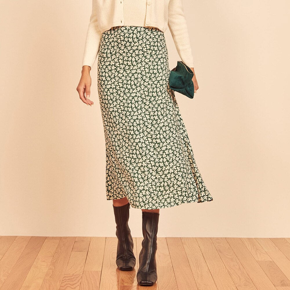 Lange Röcke für Frauen Vintage Blumendruck Rock Elegante Bürodame Hohe Taille Röcke Damen Sommer Chiffon Midirock
