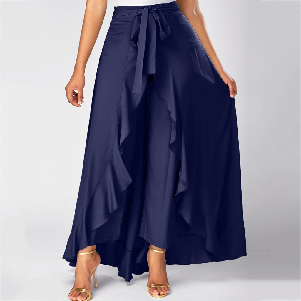 Damenhose mit Rock, Rüschengürtel, elegante Hose mit hoher Taille, unregelmäßig, locker, reine Farbe, Frühling/Herbst, lässige Hose