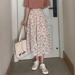 Zurück zum College Vintage Blumendruck A-Linie Plissee Lange Röcke Sommer Damen 2024 Koreanischer Rock Streetwear Kordelzug Elastische Taille Midirock 
