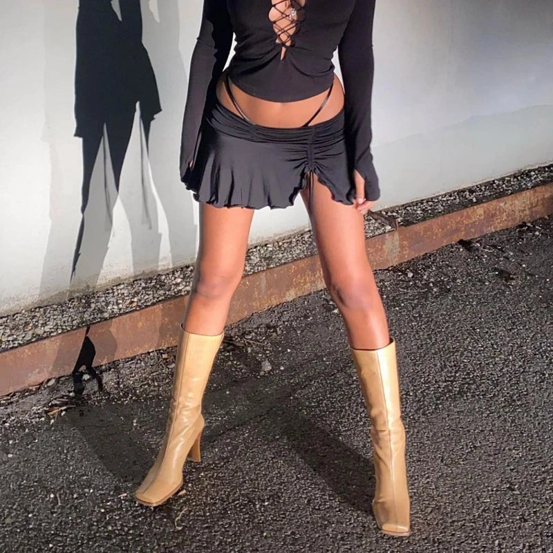 Y2K Ästhetischer Low Waist Slim Fit Minirock Damen Sommer Sexy Kordelzug Unregelmäßiger Rüschensaum Kurzer Rock E-Girl Streetwear