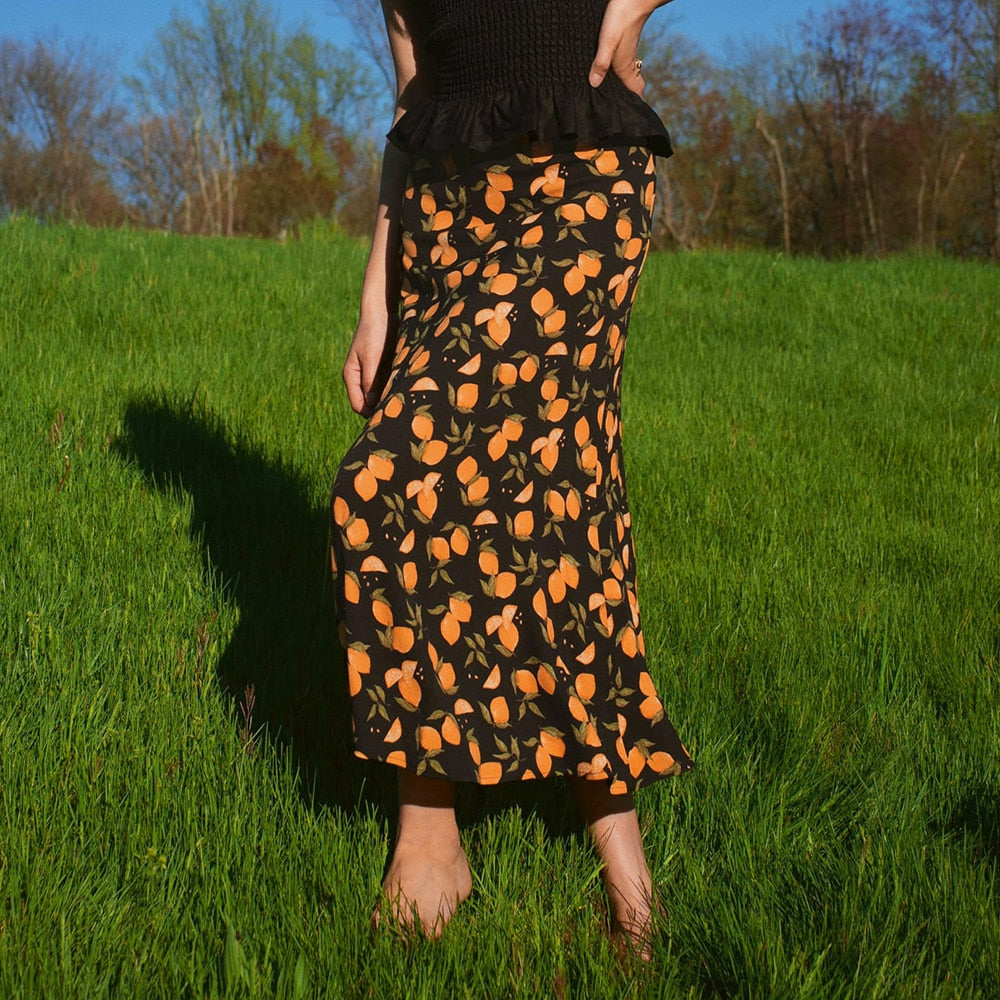 Röcke Damen Midi Eleganter Vintage Blumenrock Damen Kleidung Reißverschluss Hinten Hohe Taille A-Linie Schlank Lang Sommerrock Kleidung