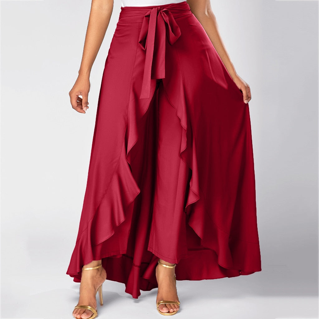 Damenhose mit Rock, Rüschengürtel, elegante Hose mit hoher Taille, unregelmäßig, locker, reine Farbe, Frühling/Herbst, lässige Hose