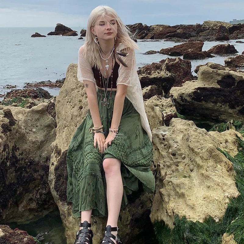 y2k Bedruckte grüne Midiröcke Retro Kawaii Schnürung Lange Plisseeröcke Grunge Fairycore Boho Strandurlaub Rock Chic Damen