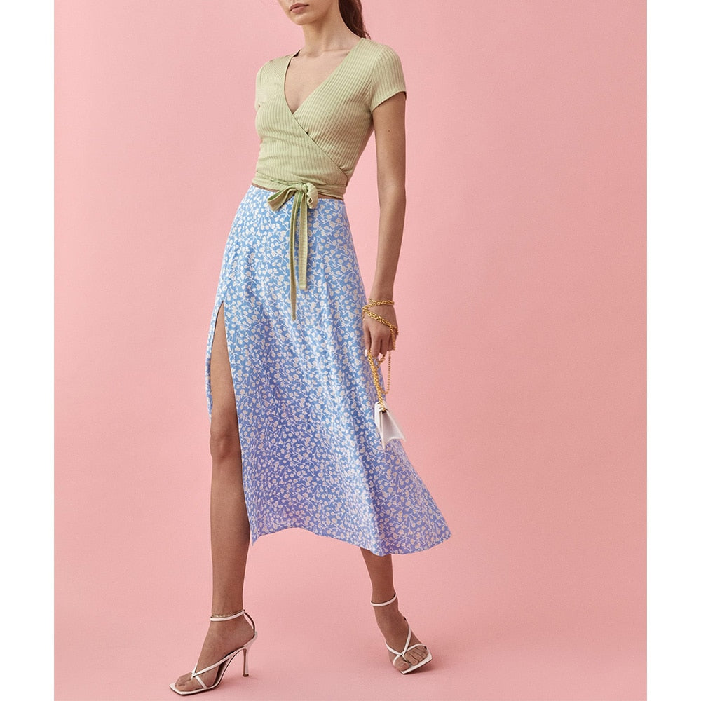 Lange Röcke Damen Midi Elegant Urlaub Strand Blumendruck Sommerrock Hohe Taille A-Linie Seitenschlitzrock Damenkleidung