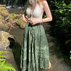 y2k Bedruckte grüne Midiröcke Retro Kawaii Schnürung Lange Plisseeröcke Grunge Fairycore Boho Strandurlaub Rock Chic Damen