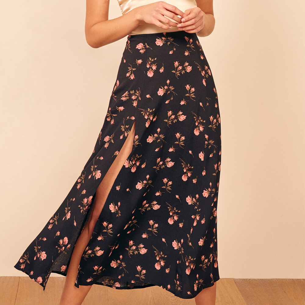 Sommer Lange Röcke Frauen Neue Elegante Vintage Gedruckt Midi Rock Frauen Sexy Party Seite Hoher Schlitz Hohe Taille A Linie rock