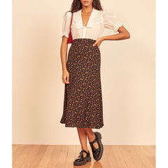 Röcke Damen Midi Eleganter Vintage Blumenrock Damen Kleidung Reißverschluss Hinten Hohe Taille A-Linie Schlank Lang Sommerrock Kleidung