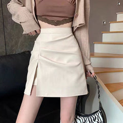 Back to college Mini Skirt Women Irregular PU Sexy Slim Party Feminino Cozy Ins Design Korean Style Side-Slit Simple Solid All-Match Leisure New
