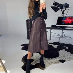 Casual Single-Breasted PU Leather A-Line Midi Skirts Autumn Winter Home Wear Warm Office Lady Skirts New Arrival