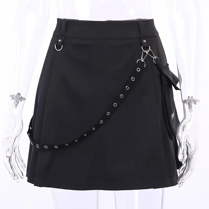 Harajuku Punk Gothic Schwarz Hohe Taille Schwarze Röcke Frauen Sexy Patchwork Bandage Mini Rock Weibliche Streetwear Sommer Chie