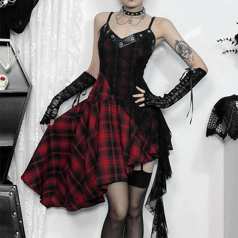 Harajuku Gothic Plaid Y2K 2000er Jahre Spitze Patchwork Spaghettiträger Streetwear V-Ausschnitt Gothic Kleid