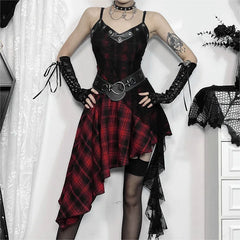 Harajuku Gothic Plaid Y2K 2000er Jahre Spitze Patchwork Spaghettiträger Streetwear V-Ausschnitt Gothic Kleid