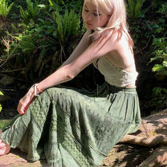 y2k Bedruckte grüne Midiröcke Retro Kawaii Schnürung Lange Plisseeröcke Grunge Fairycore Boho Strandurlaub Rock Chic Damen