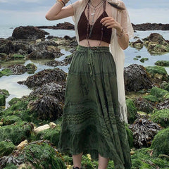 y2k Bedruckte grüne Midiröcke Retro Kawaii Schnürung Lange Plisseeröcke Grunge Fairycore Boho Strandurlaub Rock Chic Damen