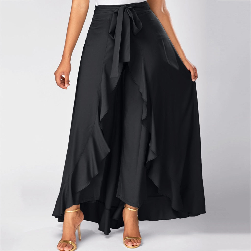 Damenhose mit Rock, Rüschengürtel, elegante Hose mit hoher Taille, unregelmäßig, locker, reine Farbe, Frühling/Herbst, lässige Hose