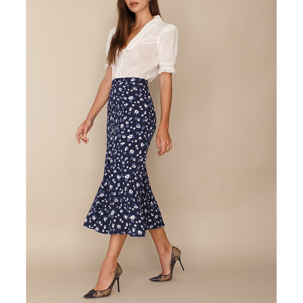 Lange Röcke für Frauen Vintage Blumendruck Rock Elegante Bürodame Hohe Taille Röcke Damen Sommer Chiffon Midirock