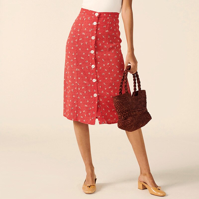 Röcke Damen Sommer Blumendruck Chiffon Midirock Hohe Taille Hinten Binden Knopfleiste Vintage Eleganter Bleistiftrock Kleidung