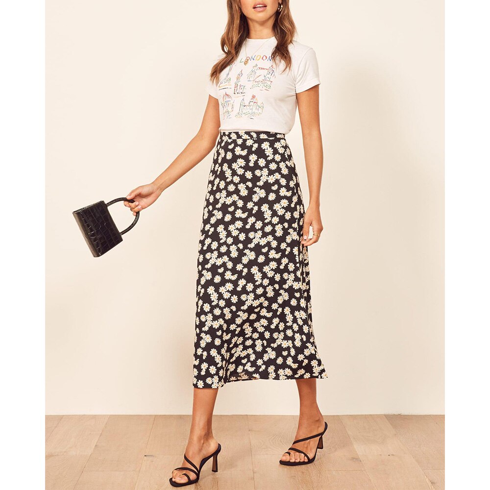Sommerrock Strandurlaub Lässiger Daisy-Blumenrock Hohe Taille Eleganter Midirock Damenkleidung Reißverschluss Hinten Lange Röcke