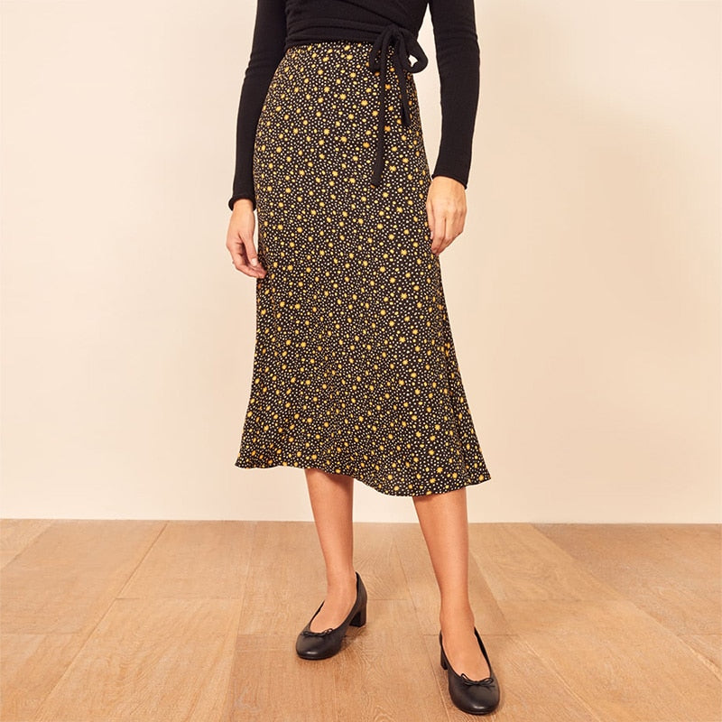 Lange Röcke für Frauen Vintage Blumendruck Rock Elegante Bürodame Hohe Taille Röcke Damen Sommer Chiffon Midirock