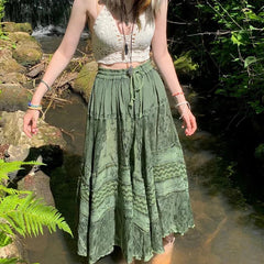 y2k Bedruckte grüne Midiröcke Retro Kawaii Schnürung Lange Plisseeröcke Grunge Fairycore Boho Strandurlaub Rock Chic Damen