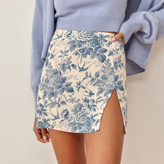 Skirts Womens High Waist Side Slit Sexy Mini Skirts Vintage Floral Print Skirt Summer Women Clothes Back Zipper Short Skirt
