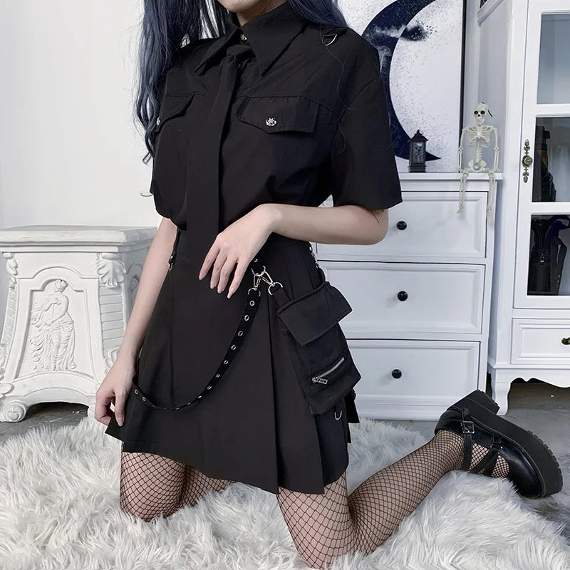 Harajuku Punk Gothic Schwarz Hohe Taille Schwarze Röcke Frauen Sexy Patchwork Bandage Mini Rock Weibliche Streetwear Sommer Chie