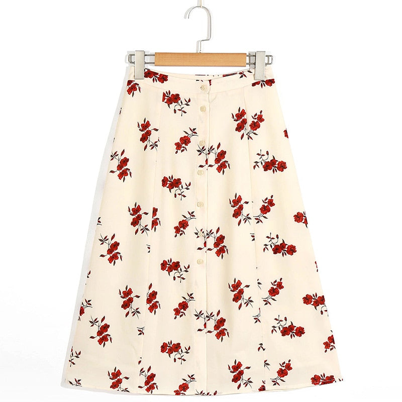 Damen Röcke Mode Neue Damen Vintage Blumendruck Rock Hohe Taille Röcke Damen Vordere Knöpfe Damen Eleganter Midirock