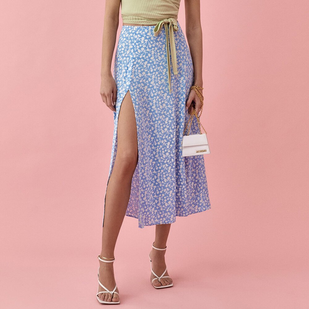 Sommer Lange Röcke Frauen Neue Elegante Vintage Gedruckt Midi Rock Frauen Sexy Party Seite Hoher Schlitz Hohe Taille A Linie rock