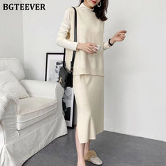 Herbst Winter 3 Stück Strickset Damen O-Ausschnitt Westen &amp; Pullover &amp; Side Split Röcke 2022 Warmes Damenpullover Set