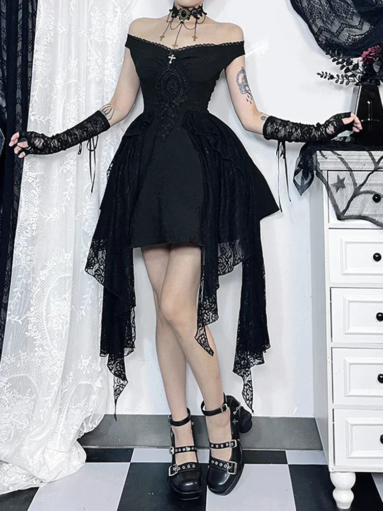 Gothic Folds Corsets A-Line Black Off Shoulder Ball Gown Women Grunge Vintage Aesthetic Harajuku Partywear Dress