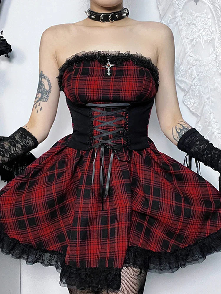 Gothic Contrast Strapless Tube Top Bodycon Vintage Lace Up Sleeveless A Line Dress