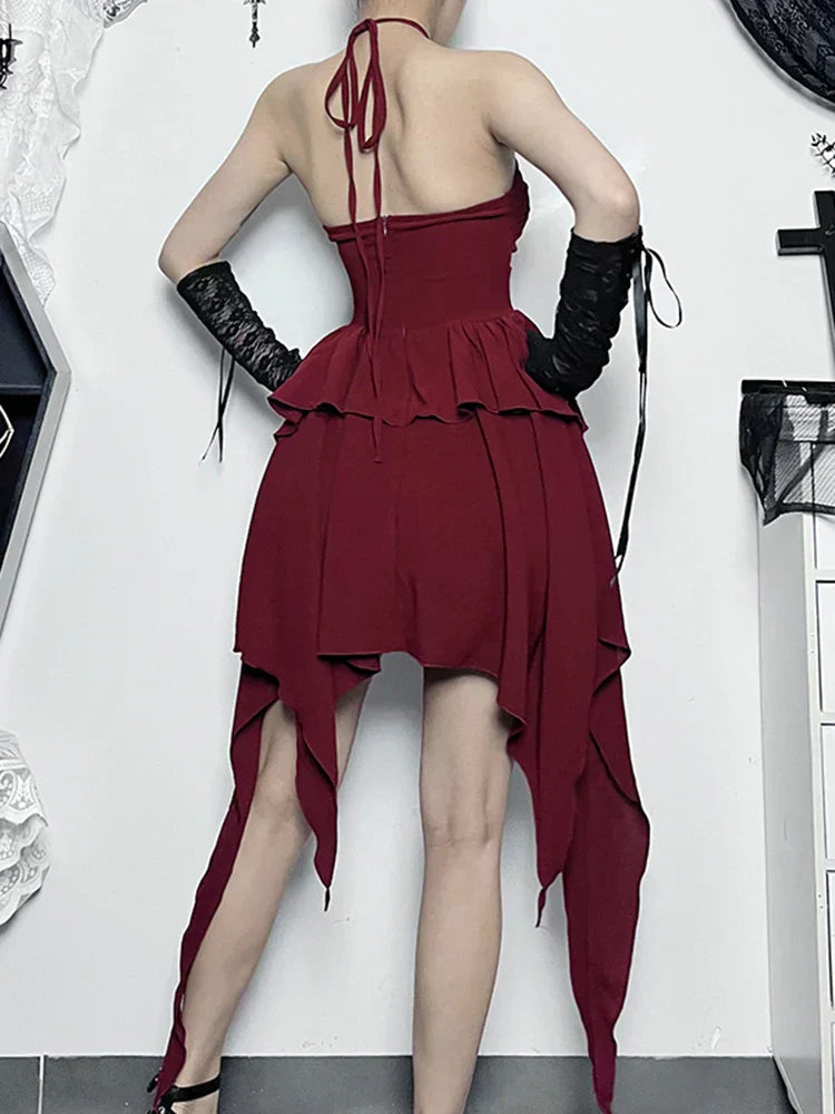 Neckholder Sexy Ärmellos Gerafftes Bodycon Asymmetrisches A-Linien-Saum Party Cocktail Minikleid