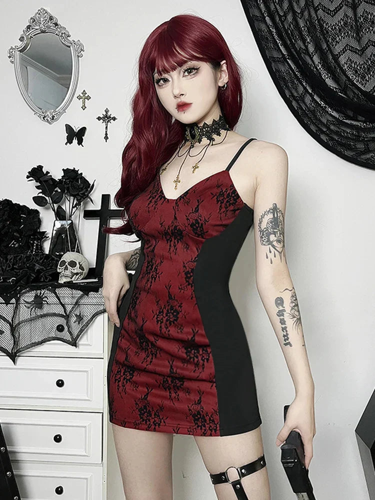 Gothic Lace Harajuku Y2K Spaghettiträger Bodycon Flare Ärmel rückenfreies E-Girls Kleid
