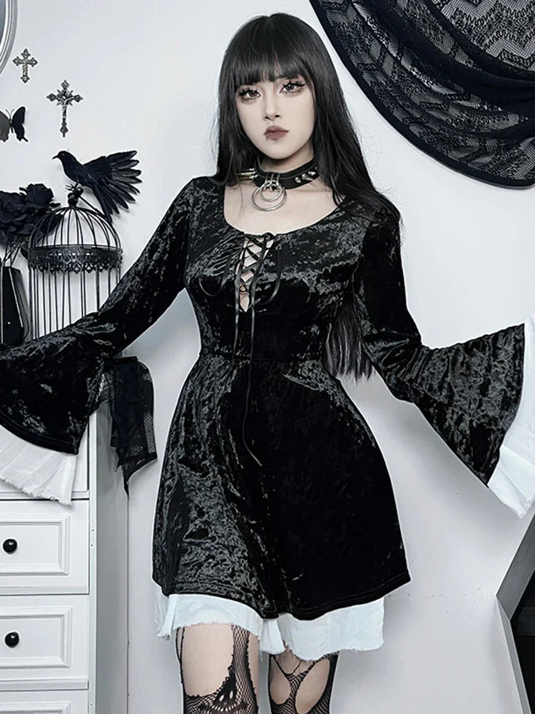 InsGoth Gothic Lace Up Velvet Queen Renaissance Medieval Witch Vintage Cosplay Party Dress