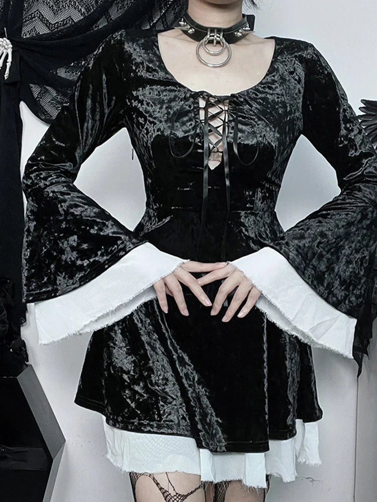 InsGoth Gothic Lace Up Velvet Queen Renaissance Medieval Witch Vintage Cosplay Party Dress