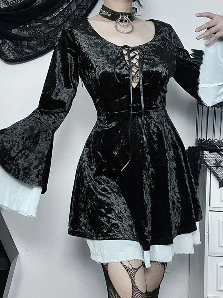 InsGoth Gothic Lace Up Velvet Queen Renaissance Medieval Witch Vintage Cosplay Party Dress