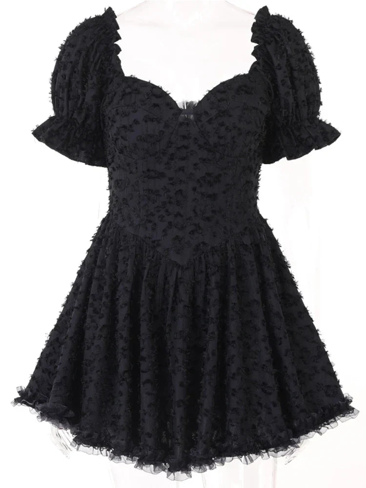 Gothic Lolita Damen Vintage High Waist Schwarzes Ballkleid Goth Puffärmel V-Ausschnitt Kleid