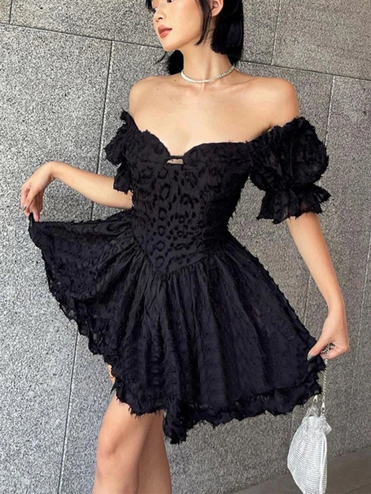 Gothic Lolita Damen Vintage High Waist Schwarzes Ballkleid Goth Puffärmel V-Ausschnitt Kleid