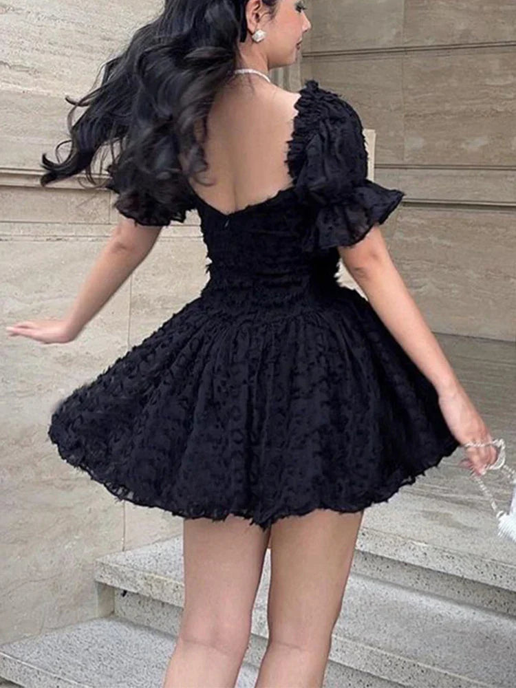 Gothic Lolita Damen Vintage High Waist Schwarzes Ballkleid Goth Puffärmel V-Ausschnitt Kleid