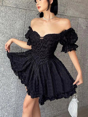 Gothic Lolita Damen Vintage High Waist Schwarzes Ballkleid Goth Puffärmel V-Ausschnitt Kleid